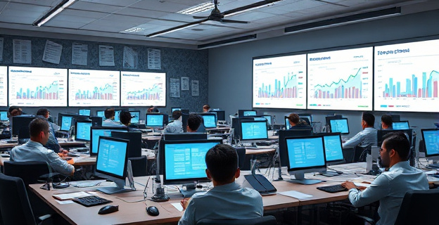 Una sala llena de documentos y pantallas mostrando gráficos de adjudicación de contratos públicos, con un ambiente tenso y varios expedientes abiertos sobre mesas de trabajo.