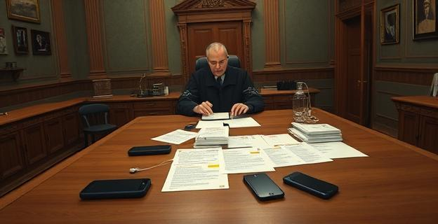 Una juez en un despacho judicial con teléfonos móviles incautados sobre la mesa y documentos relacionados con una investigación en torno a una fuga de un político
