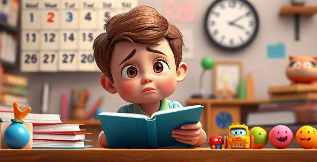 Imagen de un niño sentado en un escritorio, rodeado de libros y juguetes, con una expresión de concentración y frustración al mismo tiempo. Al fondo, un calendario con fechas marcadas y un reloj que indica el paso del tiempo.