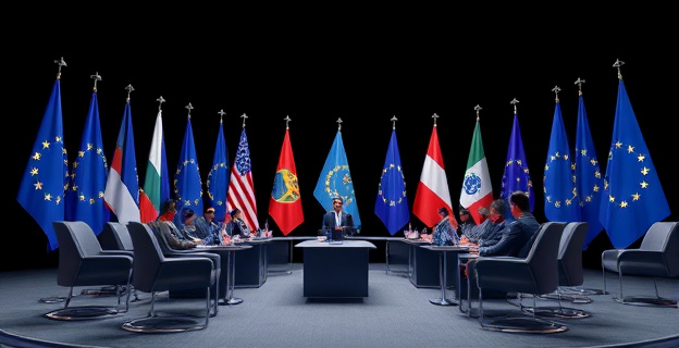 Una imagen conceptual que represente la tensión geopolítica y la conferencia de seguridad, con elementos que simbolicen la defensa y la cooperación internacional, como banderas europeas y armas estilizadas.