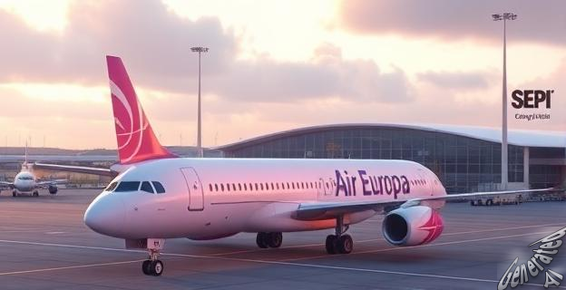 Un avión de Air Europa en un aeropuerto, con un logo de SEPI en el fondo.