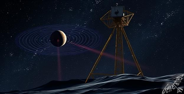 Ilustración de un objeto interestelar emitiendo una señal de radio hacia la Tierra, con un radiotelescopio en el fondo detectando la señal.