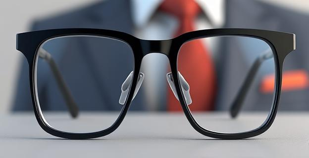 Gafas de montura cuadrada con esquinas redondeadas y patillas metálicas sobre fondo neutro, con un traje y corbata de fondo