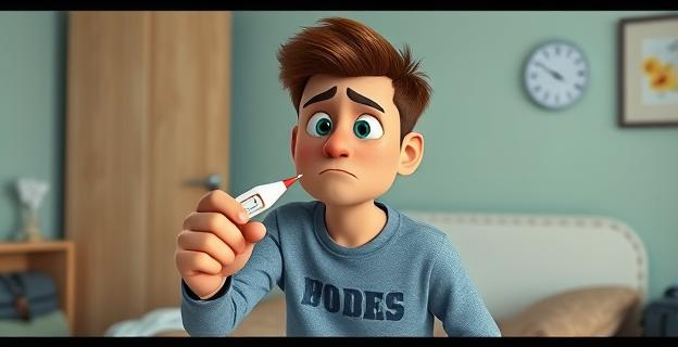 Imagen de una persona en una habitación con un termómetro en la mano, con una expresión de duda, rodeada de pañuelos y medicamentos, con una mochila de deporte en un rincón.