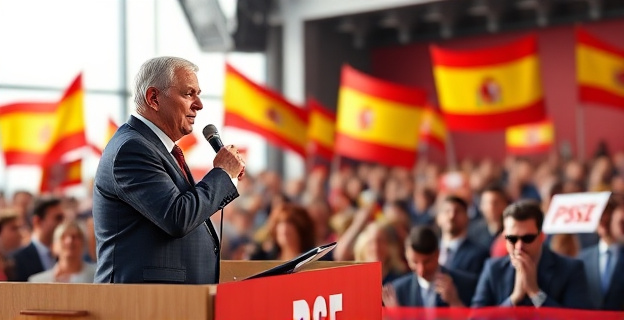 Escena de un mitin político con un líder del PSOE en el estrado, multitud animada al fondo, banderas españolas y del partido ondeando. En el estrado, un hombre de unos 50 años, con traje y corbata, habla apasionadamente con un micrófono en mano.