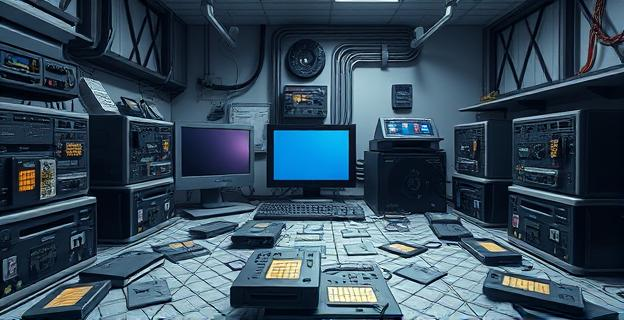 Una compleja infraestructura de SIMBOX industriales y módems utilizada para enviar millones de SMS fraudulentos. La escena muestra dispositivos tecnológicos y tarjetas SIM esparcidos en una habitación.