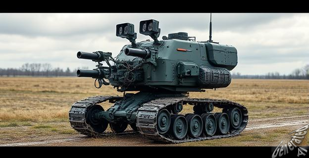 Un robot militar con orugas y disruptores en un paisaje de Ucrania