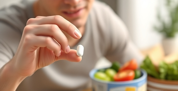 Imagen de una persona tomando un suplemento de calcio con una comida saludable al fondo, representando la importancia del calcio en la dieta diaria.