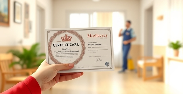 Una escena en la que se ve una residencia de ancianos en Mallorca con una persona sosteniendo un certificado de catalán en la mano, mientras al fondo se ve un conserje trabajando