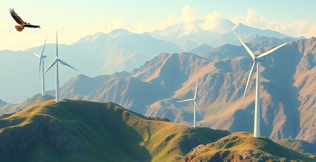 Paisaje montañoso con molinos eólicos en una zona de alta sensibilidad medioambiental, con aves rapaces volando alrededor