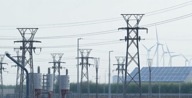 Una red eléctrica saturada con cables y transformadores antiguos en un paisaje industrial grisáceo, contrastando con paneles solares y molinos eólicos modernos al fondo.
