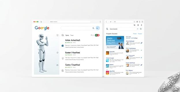 Un navegador web minimalista con una barra lateral que muestra un asistente de inteligencia artificial conversando con el usuario mientras muestra resultados de búsqueda en múltiples pestañas.