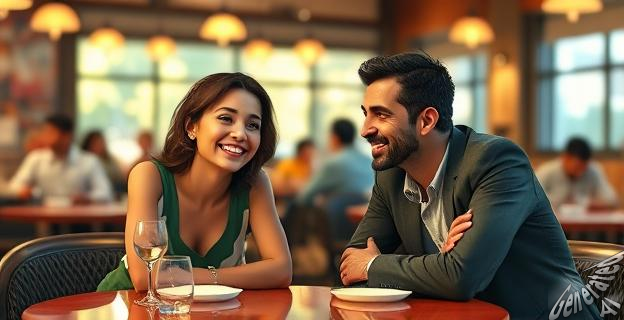 Una imagen de Irene Rosales sonriendo y compartiendo una mesa con un hombre en un restaurante concurrido, con un ambiente distendido y cómplice entre ellos.