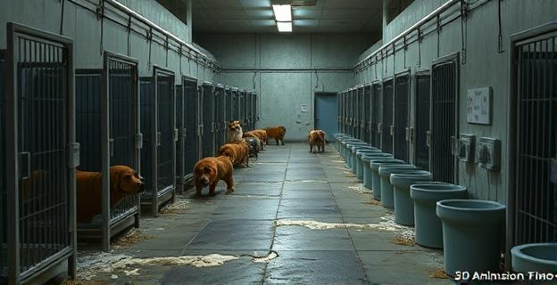 Perreras en mal estado con perros dentro, suelos rotos y bebederos con moho, en un entorno con humedad y falta de mantenimiento