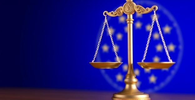 Imagen de una balanza de justicia con un sello de la Unión Europea en el fondo, representando la evaluación de la legalidad de una ley en España.