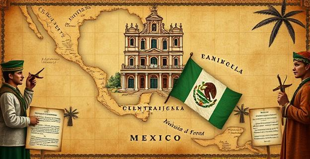 Imagen de un mapa antiguo de México con un fondo de una catedral colonial y frailes franciscanos trabajando junto a indígenas, con elementos que representan la mezcla cultural como textos en náhuatl y español