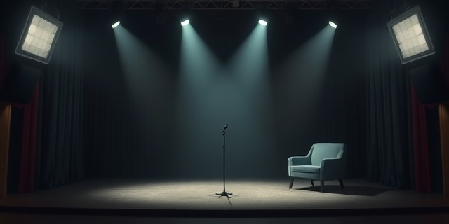 Un escenario teatral vacío con dos focos brillantes. Uno ilumina un micrófono solitario, el otro, un sillón vacío. El ambiente es de tensión y desesperación, con sombras alargadas que sugieren figuras ausentes. Colores apagados y contrastes marcados. Estilo expresionista.