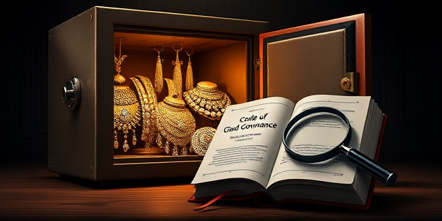 Una ilustración satírica de estilo editorial. Una caja fuerte antigua y pesada abierta en un despacho oscuro, de la cual desbordan collares de diamantes y joyas opulentas que brillan intensamente. Al lado de la caja fuerte, un libro de reglas titulado 'Código de Buen Gobierno' con las páginas dobladas y una lupa encima, sugiriendo una interpretación flexible. Estilo de dibujo de caricatura política de periódico, con colores contrastados y sombras dramáticas.