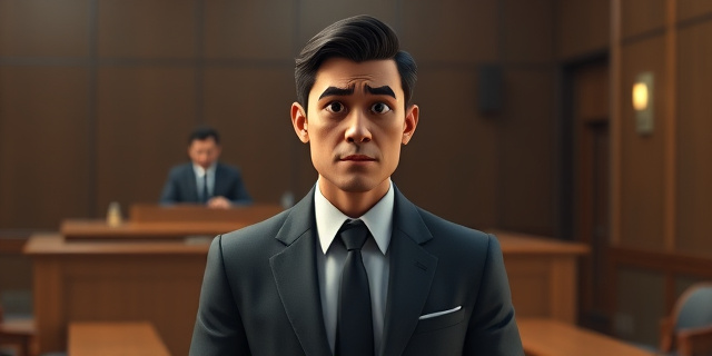 Un hombre con traje y corbata, de pie en un tribunal, con una expresión de seriedad y preocupación. Al fondo, un juez y un fiscal, con una mesa y sillas. La atmósfera es tensa y formal.