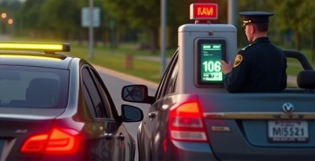 Un coche parado en un control de alcoholemia con un policía haciendo la prueba con un alcoholímetro
