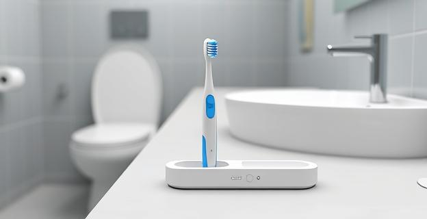 Un cepillo de dientes en un estuche protector sobre una encimera de baño limpia, con un fondo desenfocado que muestra un inodoro y un lavabo.