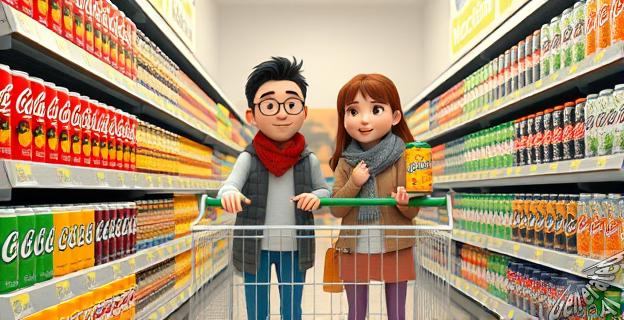 Una pareja de extranjeros sorprendida en un pasillo de bebidas de Mercadona, con latas de refresco en el estante y un carrito de compras con una lata suelta.