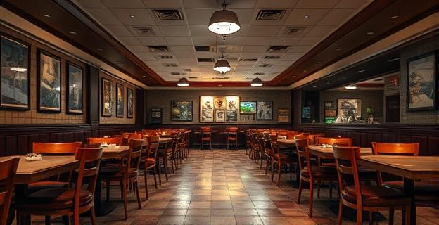 Un restaurante vacío con mesas y sillas sin clientes ni camareros, con un ambiente de decadencia económica