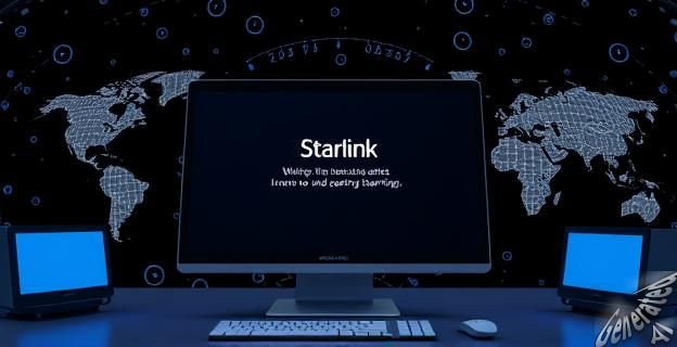 Una imagen de una pantalla de computadora con un mensaje de error de Starlink, rodeada de mapas del mundo y dispositivos de conexión a internet