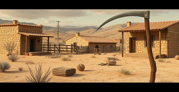 Un pueblo rural español abandonado con tierras áridas y una hoz en primer plano, simbolizando la dureza de la vida rural y el éxodo.