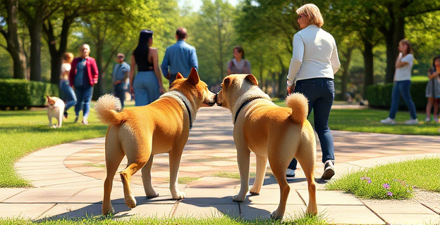 Una escena en un parque donde dos perros se acercan y se olfatean el trasero mientras sus dueños observan. El entorno debe reflejar un día soleado con otros perros y personas al fondo.