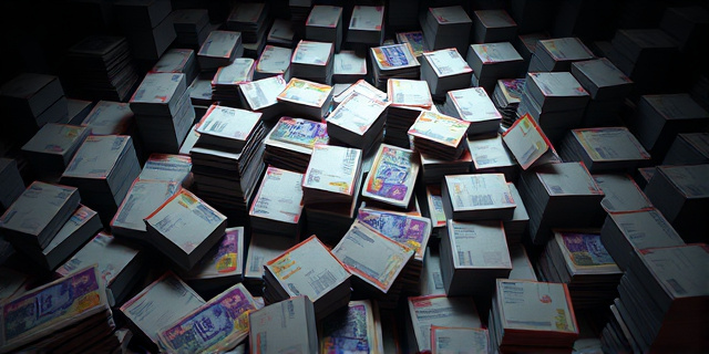 Una imagen conceptual que represente un laberinto de facturas y billetes de dinero, con sombras oscuras y un ambiente de misterio. El laberinto debe estar construido con documentos oficiales y tener una iluminación dramática que resalte la complejidad y la opacidad de la situación. La paleta de colores debe ser oscura y sobria, con toques de rojo para enfatizar la corrupción. Estilo hiperrealista.