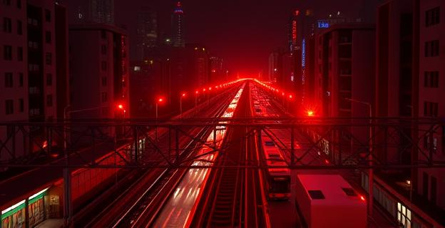 Una ciudad a oscuras con infraestructuras de transporte paradas