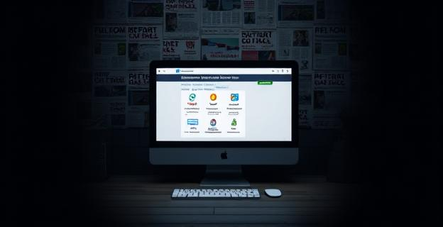 Imagen de una sala oscura con un ordenador mostrando un sistema de gestión de denuncias vacío, con un fondo de periódicos con titulares sobre escándalos políticos