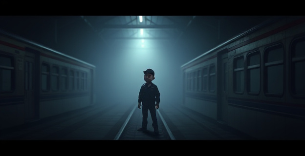 Una estación de tren vacía y oscura con un trabajador solitario al fondo, rodeado de sombras y con una expresión de preocupación en el rostro. La iluminación es tenue y destaca la sensación de abandono y desprotección.