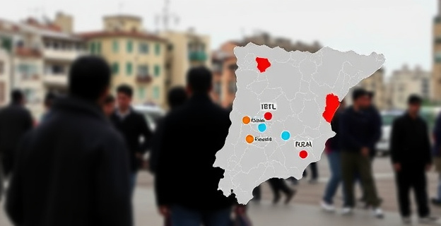 Una representación visual de un mapa de la Comunidad Valenciana con diferentes colores o símbolos que indiquen las zonas con mayor concentración de detenciones de extranjeros. Al fondo, siluetas borrosas de personas en un entorno urbano, con algunos edificios con aspecto de estar ocupados ilegalmente. No se ven caras ni nombres propios.