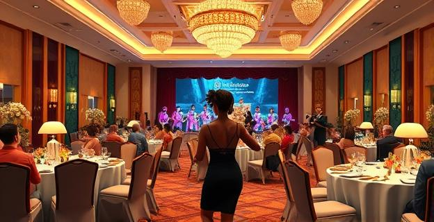 Un lujoso salón de hotel con mesas decoradas, asistentes cenando y una mujer bailando conga con bailarinas brasileñas al fondo. Luces brillantes y ambiente festivo. Un trompetista y cantante amenizando el evento.