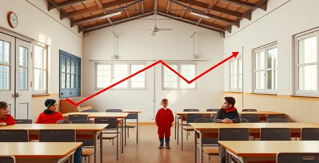 Imagen de un colegio con barracones prefabricados y niños abrigados dentro de un aula sin calefacción. Al fondo, un mapa de Cataluña con un gráfico descendente en superposición.