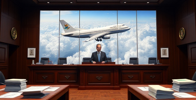 Una sala de justicia con un juez en el centro, rodeado de documentos y expedientes relacionados con el caso del avión Falcon y Begoña Gómez. Al fondo, una imagen del avión presidencial en vuelo.