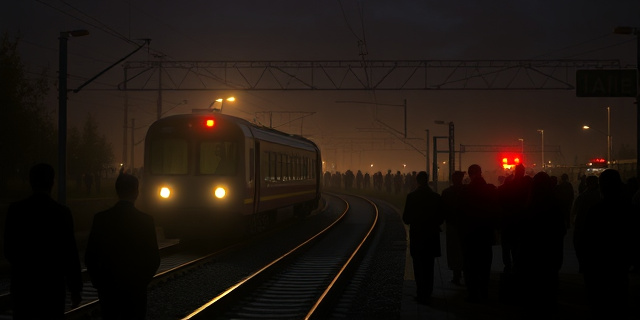 Una escena nocturna de Adamuz con la luz de un tren AVE detenido sobre una vía rota, sombras de sirenas y una multitud de personas mirando al horizonte, contraste de luces y sombras, estilo realista, sin texto ni rostros