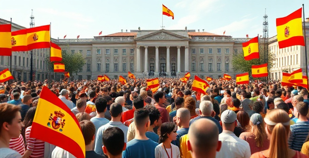 Una multitud de personas de diferentes etnias y edades reunidas en una plaza, con banderas de España y pancartas de apoyo a la regularización de inmigrantes. Al fondo, un gran edificio gubernamental con la bandera de España ondeando.