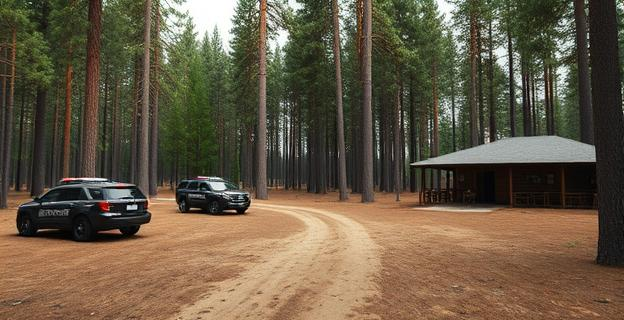 Un descampado en una zona boscosa con vehículos de escolta alrededor, un camino de tierra rodeado de pinos altos y un restaurante aislado con vigilancia en los accesos.