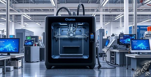 Una imagen de una impresora 3D avanzada en una fábrica china moderna, rodeada de componentes tecnológicos innovadores y pantallas digitales.