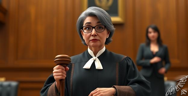 Imagen de un juez con toga y martillo en una sala de audiencias, con una expresión seria y una mujer con un bolso en el fondo, representando a Begoña Gómez.