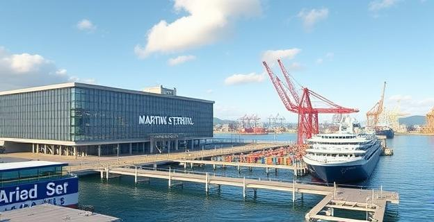 Imagen de una terminal marítima moderna con un gran edificio de pasajeros, muelles con barcos atracados y grúas de carga al fondo, en un entorno portuario industrial pero con elementos de arquitectura contemporánea