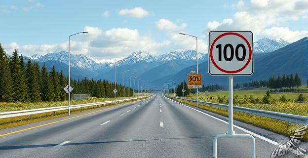 Una autopista con señales de tráfico y un límite de velocidad de 100 km/h en un paisaje con montañas al fondo.