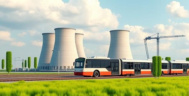 Imagen de una central nuclear con un fondo de un autobús y un tren, simbolizando la movilidad sostenible y la energía nuclear
