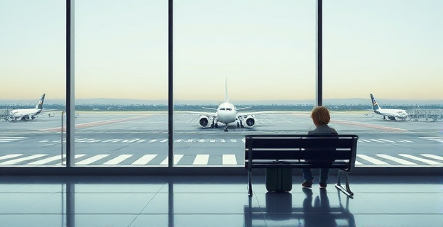 Un aeropuerto con un avión en la pista y una figura solitaria de un niño pequeño sentado en un banco de la terminal, con una maleta al lado y una expresión de tristeza en su rostro
