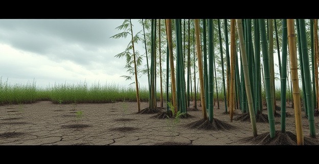 Un bosque de bambú muerto y vacío con algunas plantas jóvenes luchando por crecer en el suelo seco y agrietado, bajo un cielo gris y nublado