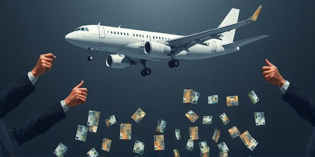 Una ilustración satírica al estilo editorial de periódico. Un avión comercial de lujo siendo sostenido en el aire por hilos invisibles de marioneta manejados por manos con trajes ejecutivos desde las sombras. Debajo del avión, una lluvia de billetes de euro cayendo sobre un abismo. Fondo minimalista en tonos grises y azul oscuro, resaltando la codicia y la opacidad política.