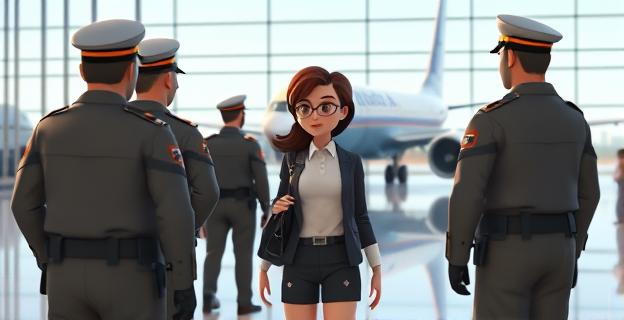 Imagen de un aeropuerto con guardias civiles sin equipo adecuado, con un avión al fondo y una figura femenina siendo detenida